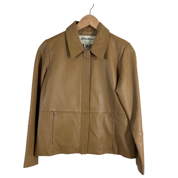 Eddie Bauer Women's Jacket Lambskin Genuine Leather Camel Full Zip Y2K‎ Size SP